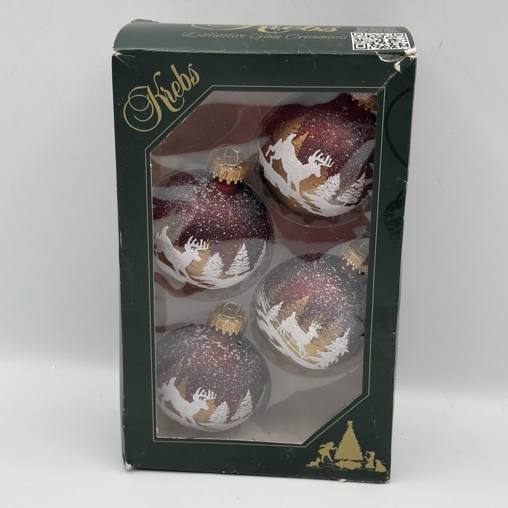 New Set‎ 4 Christmas by Krebs Ornaments Glitter Deer in Forest Snow Glass Balls